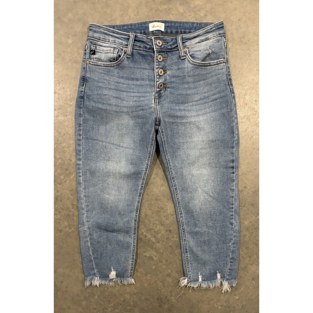 Kancan Mid Rise Capri Jeans Button Fly Distressed Frayed Hem Light Wash Sz 9/28